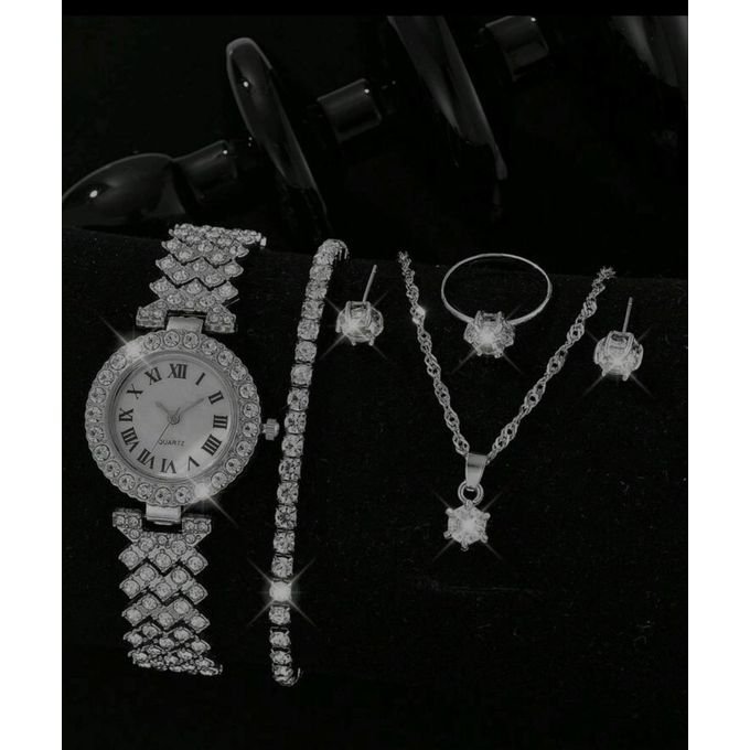 Montre à quartz de luxe avec cadran romain orné de strass Argent