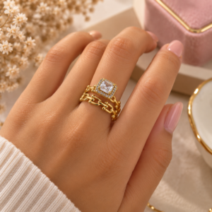 Bague Double Chaîne à Zircon Carré