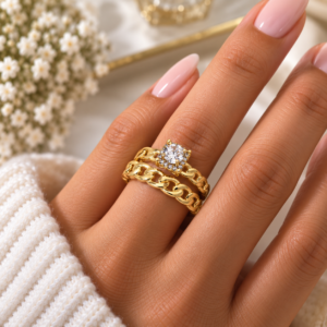 Bague Double Dorée à Maillons & Zircon