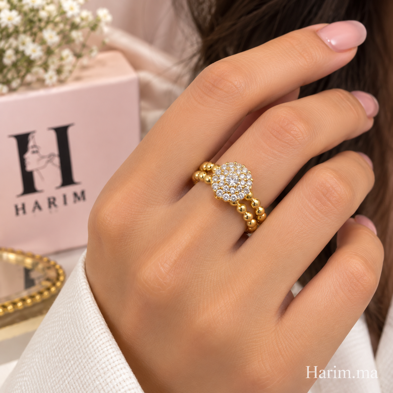 Bague Fleur Dorée Double Rangée avec Zircons