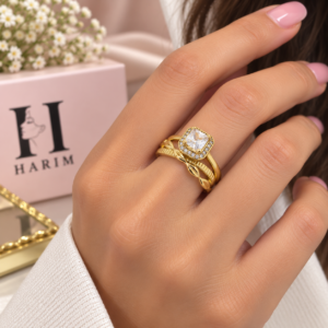 Bague Double Dorée Carrée avec Zircons