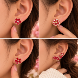 Coffret de Boucles d’Oreilles Fleurs Rouges