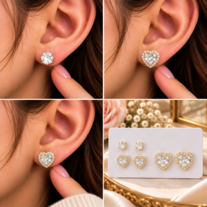 Coffret de 3 Paires de Boucles d’Oreilles Cœur Brillantes