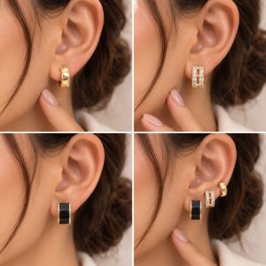 Set de 3 paires de boucles d’oreilles dorées – Noir & Zircons
