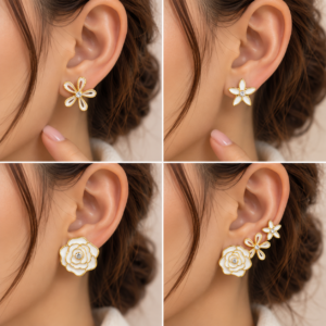 Set de 3 paires de boucles d’oreilles florales dorées et blanches
