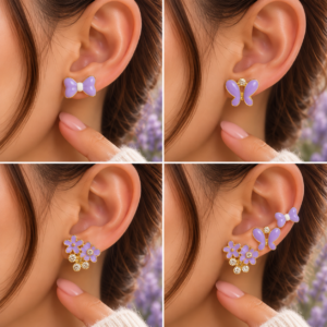 Coffret de Boucles d’Oreilles Fantaisie – Nœuds, Papillons & Fleurs Violettes