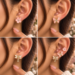 3 Paires de Boucles d’Oreilles Fleurs, Papillons & Libellules Roses