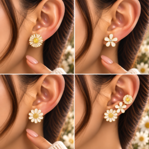 3 Paires de Boucles d’Oreilles Fleurs Blanches & Dorées