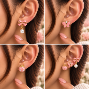 3 Paires de Boucles d’Oreilles Roses – Nœud, Papillon & Coccinelle