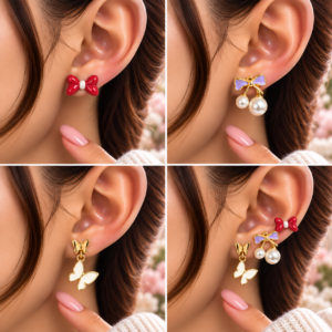 3 Paires de Boucles d’Oreilles Fantaisie – Nœuds, Perles & Papillons