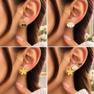 3 Paires de Boucles d’Oreilles – Couronne, Coquillage & Fleur Jaune