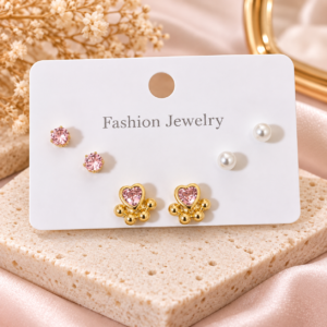 3 paires de boucles d’oreilles cœur rose, perles & doré