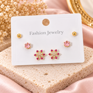 3 paires de boucles d’oreilles dorées & roses