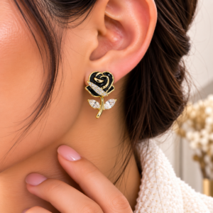Boucles d’oreilles Rose Noire dorées avec cristaux