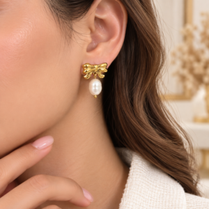 Boucles d’oreilles Nœud Doré avec Perle