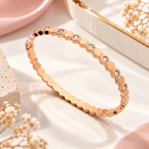 Bracelet Jonc Géométrique Doré Rose avec Zircons