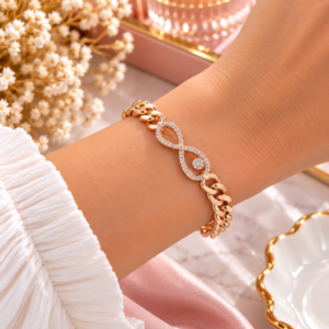 Bracelet gourmette rose doré Infinity à zircons