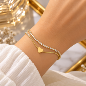 Bracelet double rang doré cœur & cristaux