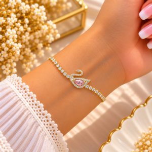 Bracelet Cygne Doré avec Pierre Rose et Zircons