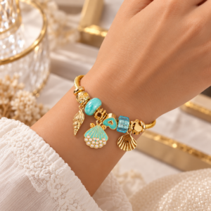 Bracelet Femme Doré à Breloques Coquillages & Perles Turquoise