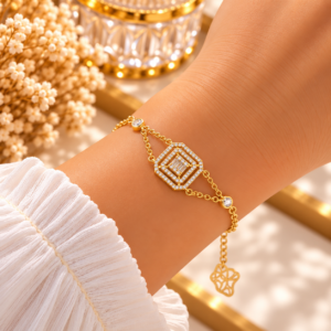 Bracelet Femme Doré Double Chaîne à Motif Géométrique Scintillant