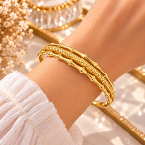 Bracelet Jonc Femme Doré Triple Rang – Design Effet Bambou