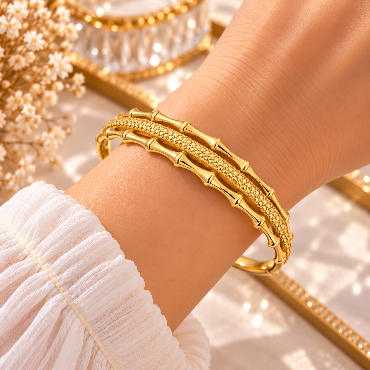 Bracelet Jonc Femme Doré Triple Rang – Design Effet Bambou