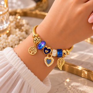 Bracelet Femme Doré à Breloques Cœur Bleu & Arbre de Vie