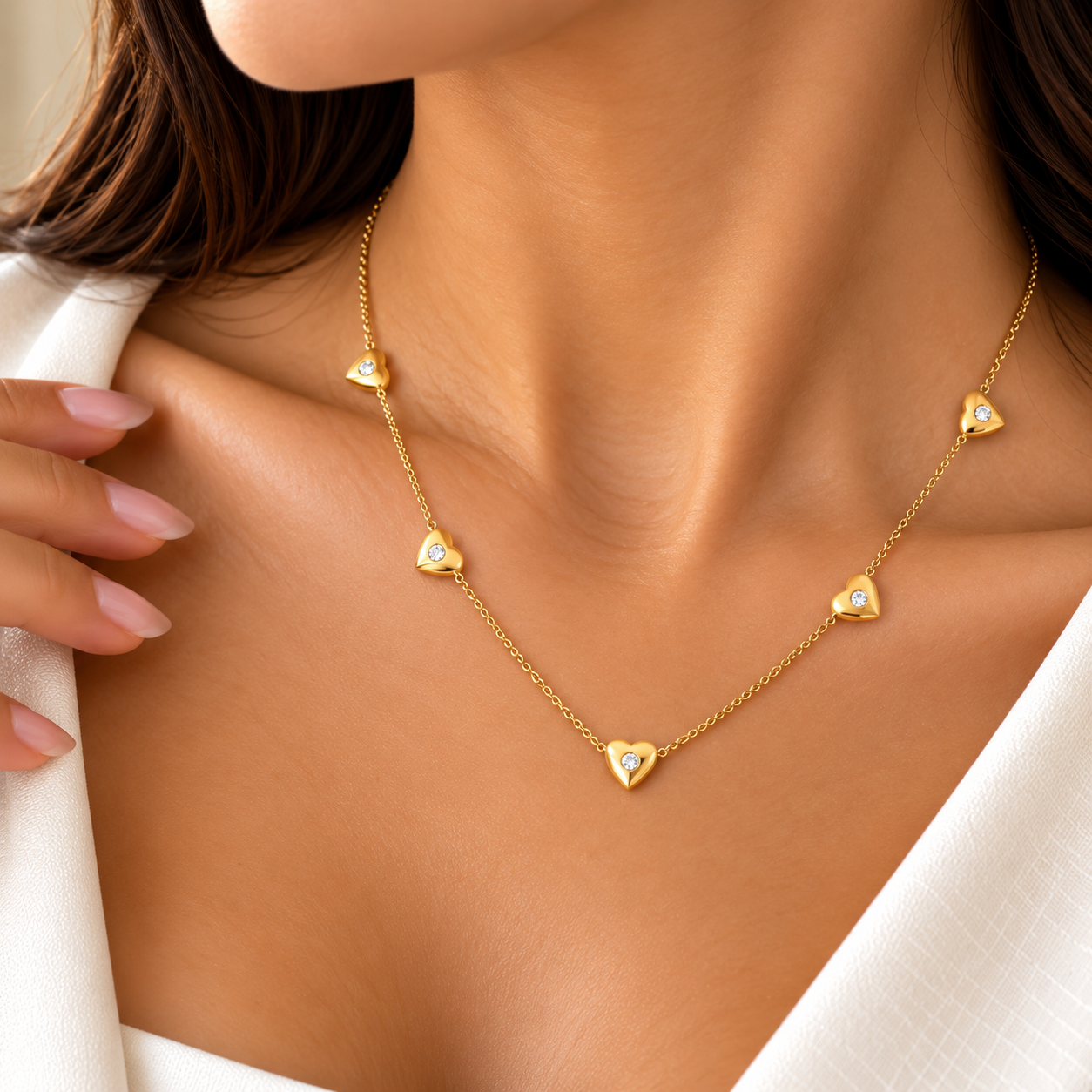 Collier doré à cinq cœurs avec zircons