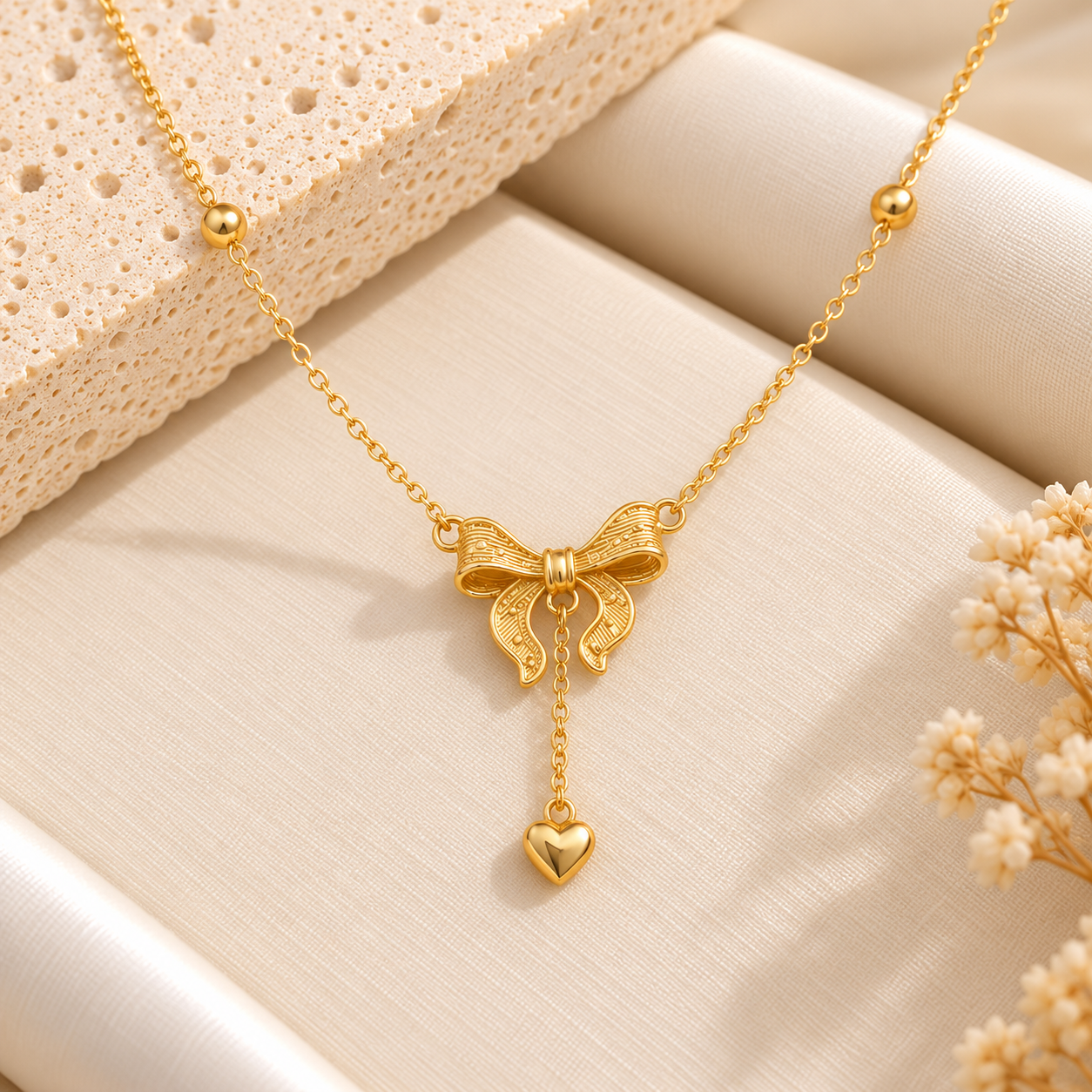 Collier doré avec nœud et cœur