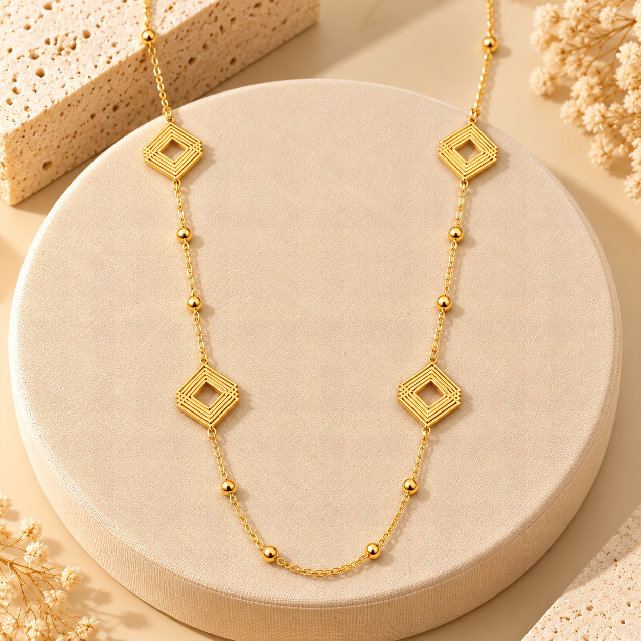 Collier doré géométrique sur écrin beige