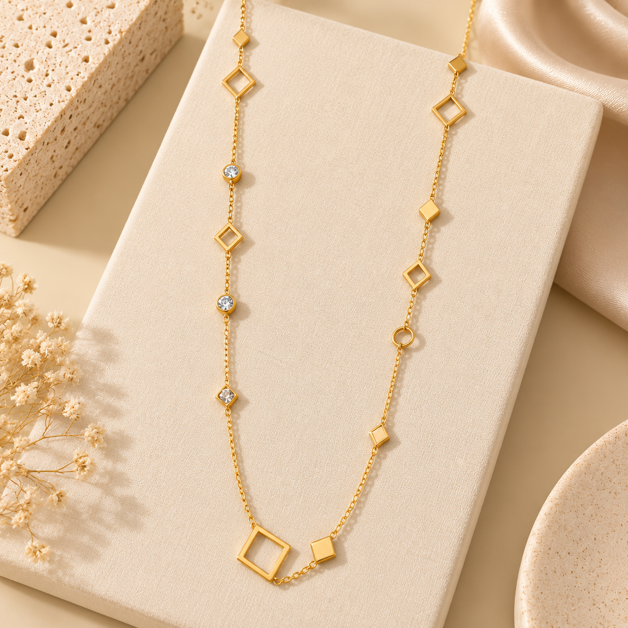Collier doré géométrique sur écrin crème (1)