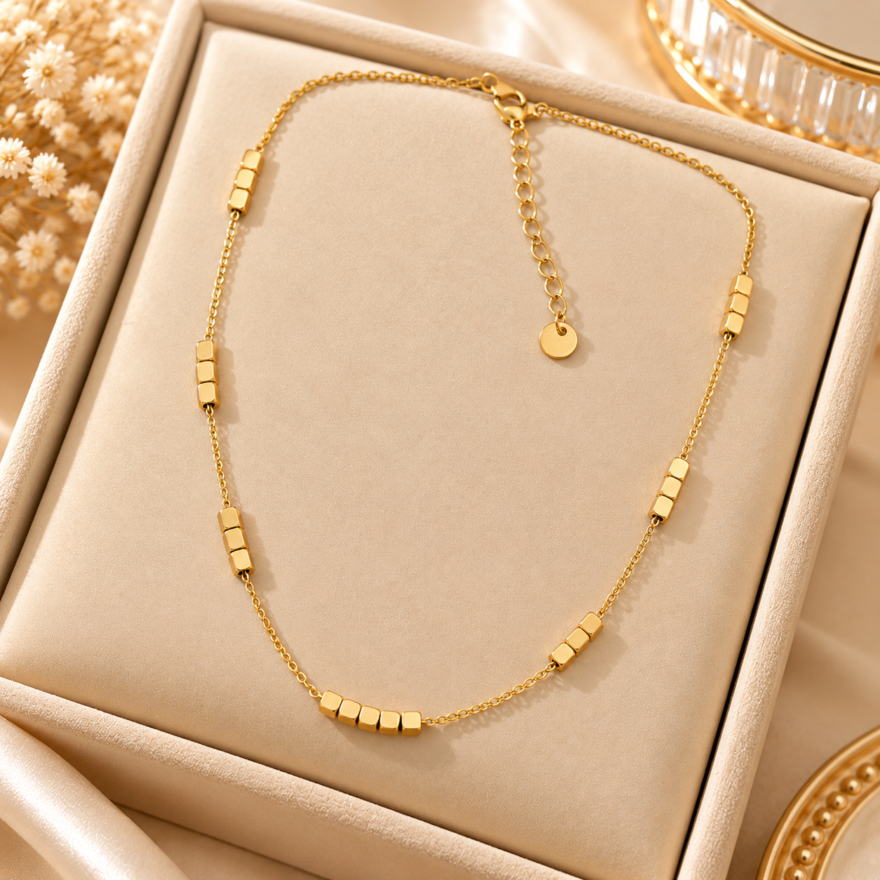 Collier doré géométrique sur écrin crème