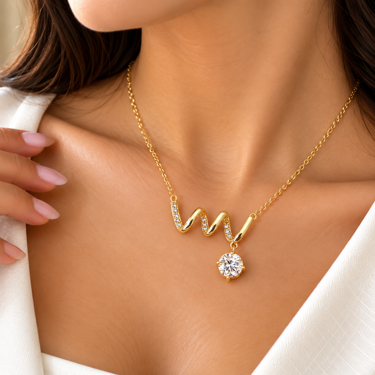 Collier doré ondulé avec zircon rond
