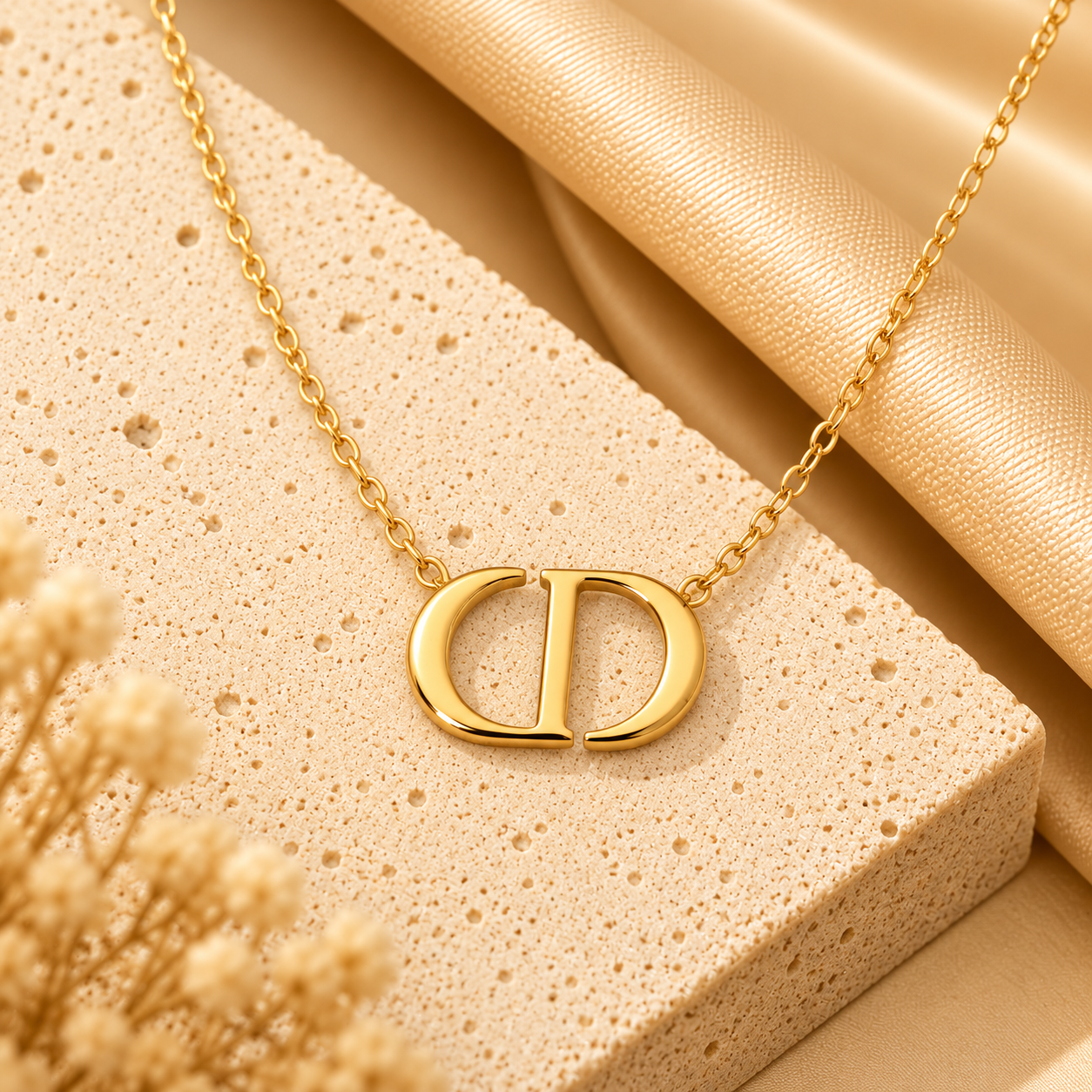 Collier doré sur pierre texturée