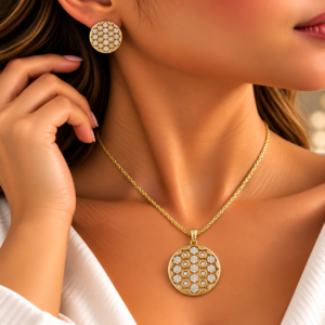 Parure Dorée Ronde Motif Nid d’Abeille avec Zircons