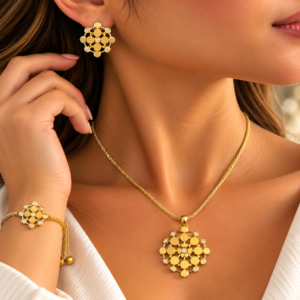 Parure Dorée Florale avec Zircons – Collier, Bracelet & Boucles d’Oreilles