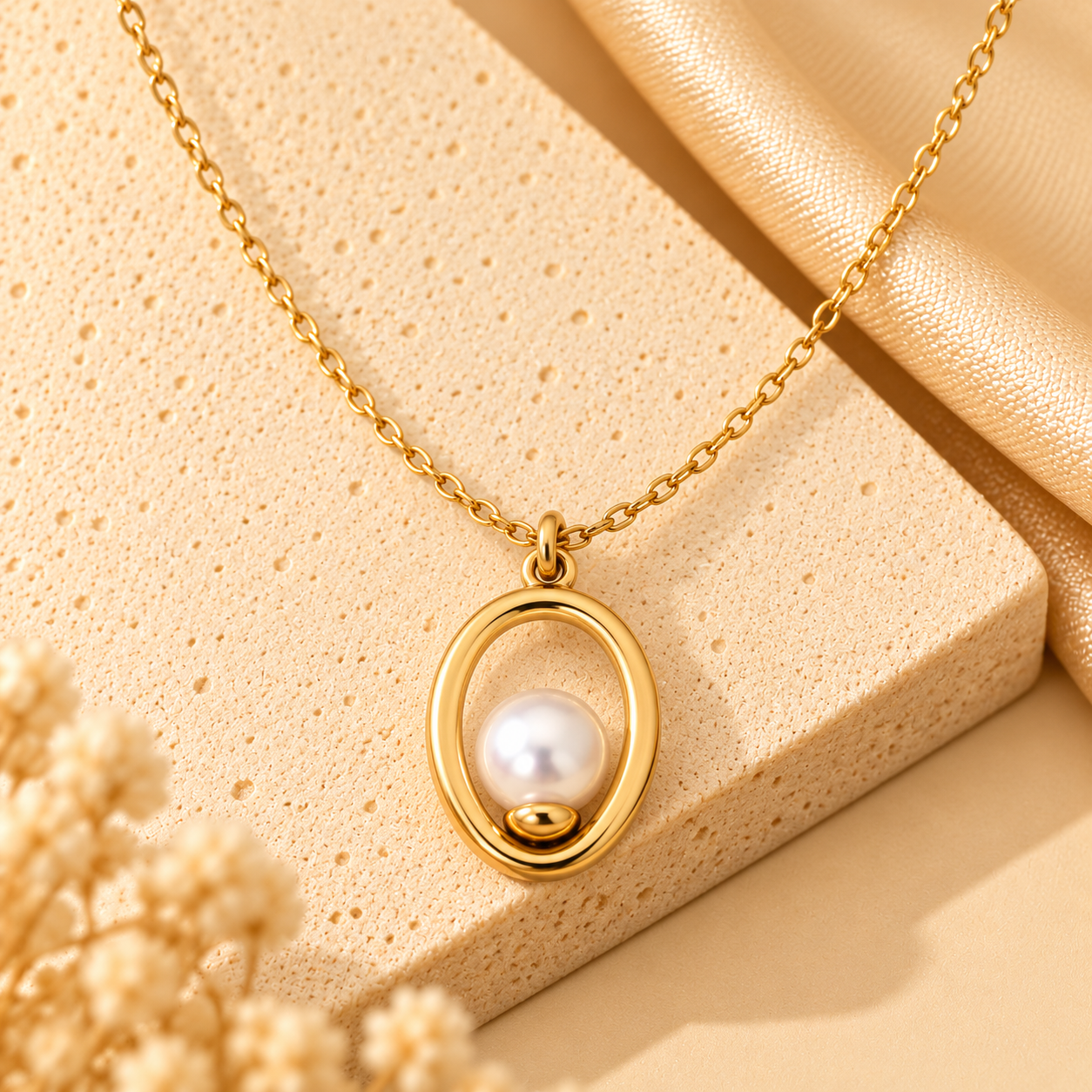 Pendentif doré et perle sur satin