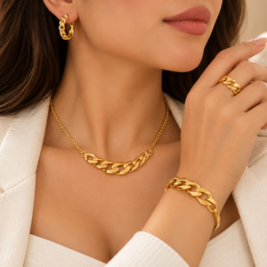 Ensemble de Bijoux Doré Femme – Collier, Bracelet, Bague et Boucles d’Oreilles
